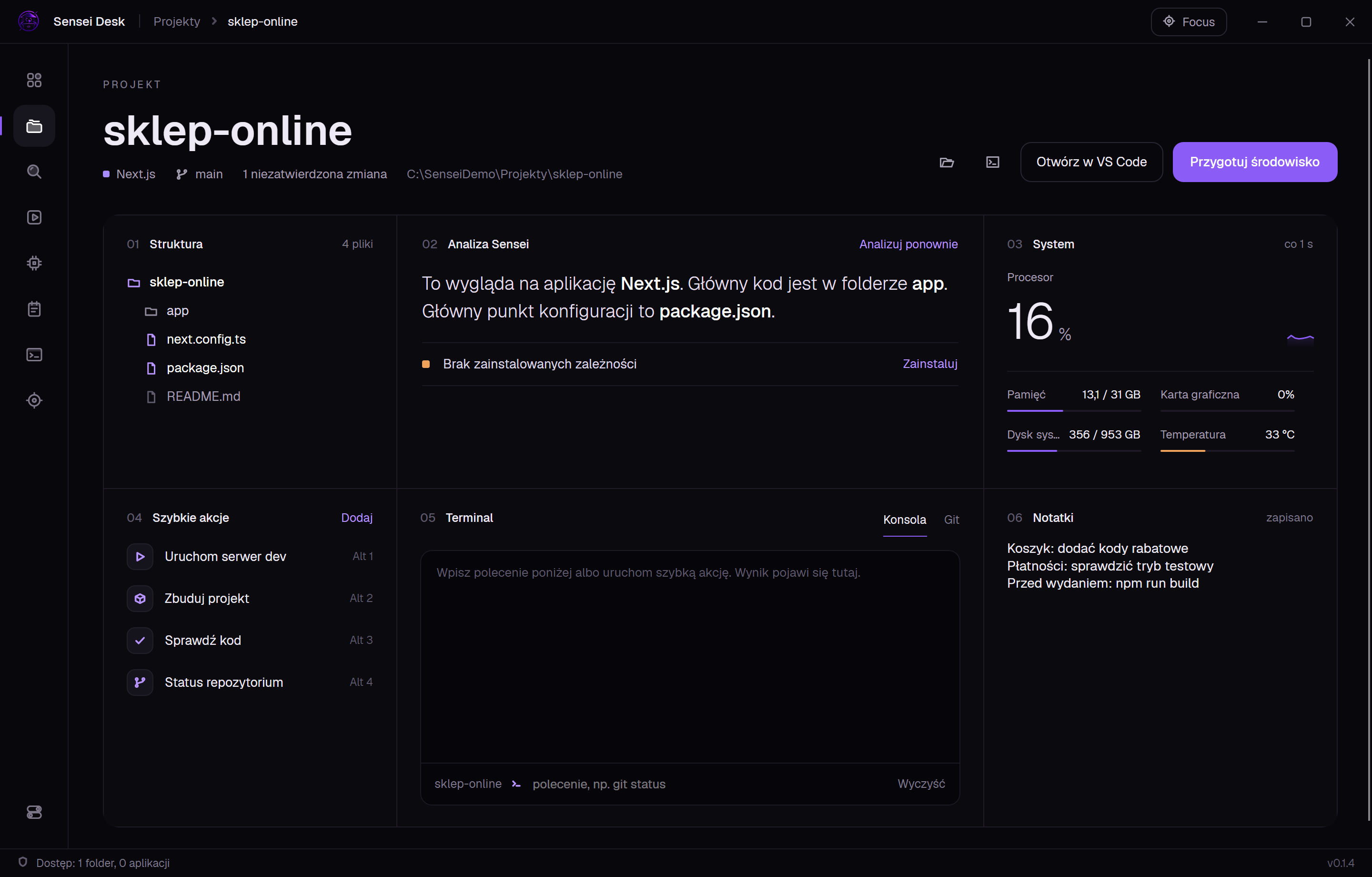 Sensei Desk – widok projektu / project view